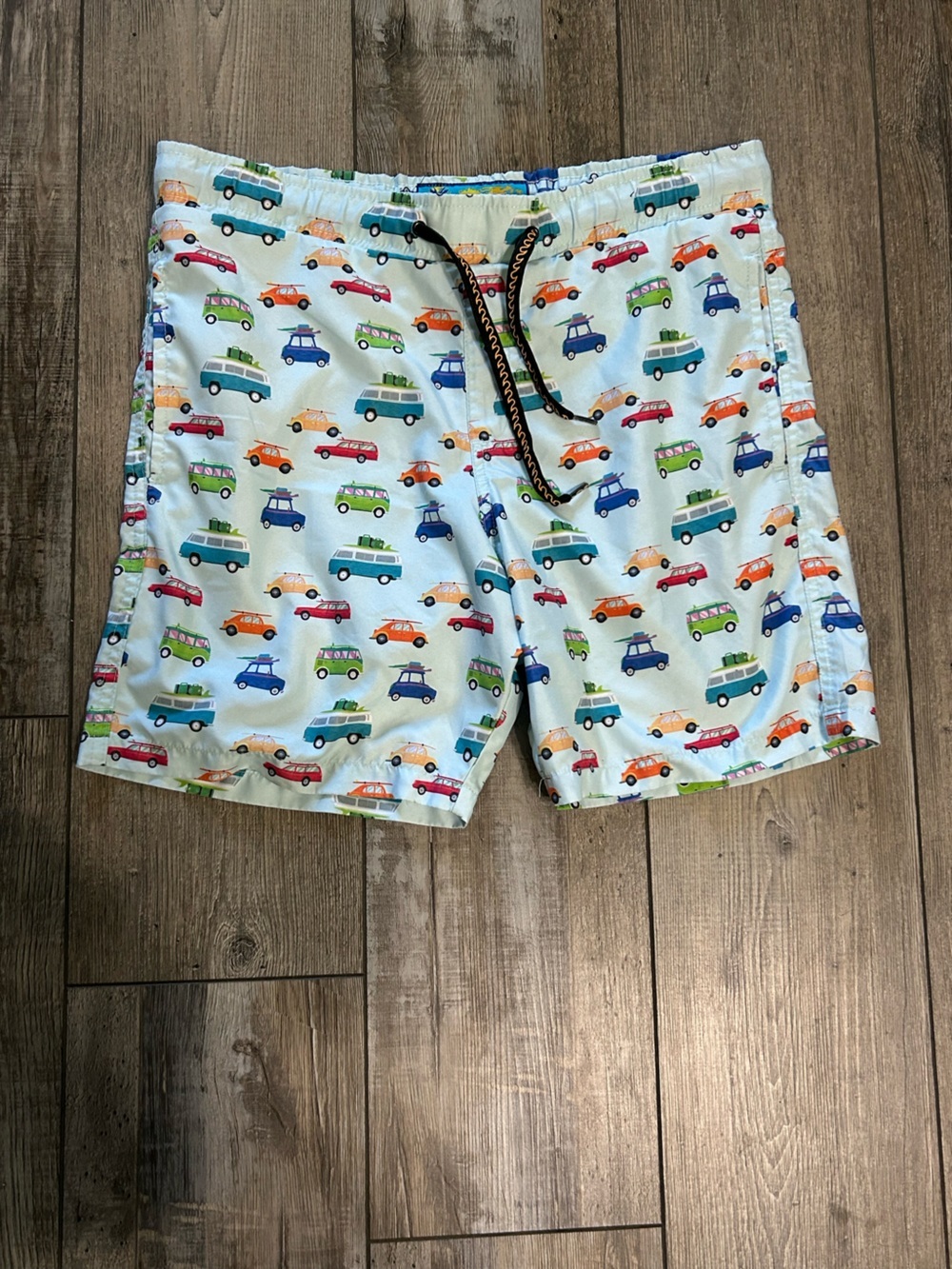 Surf Society Swimwear Light Blue Car-Print Elastic Waist swim trunks Shorts
